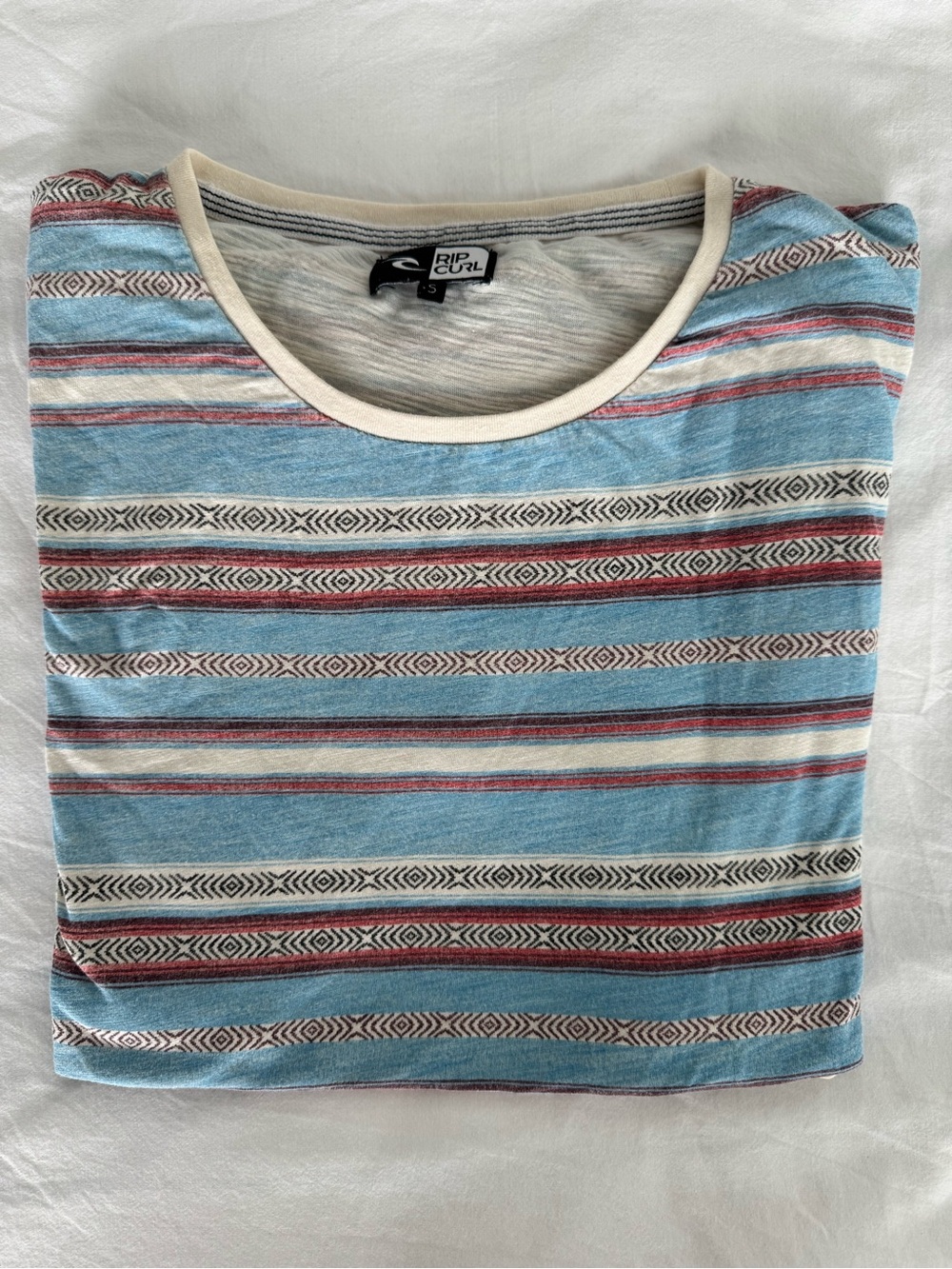 Rip Curl Light Blue Striped Crew Neck Tee with Red and Cream Accents